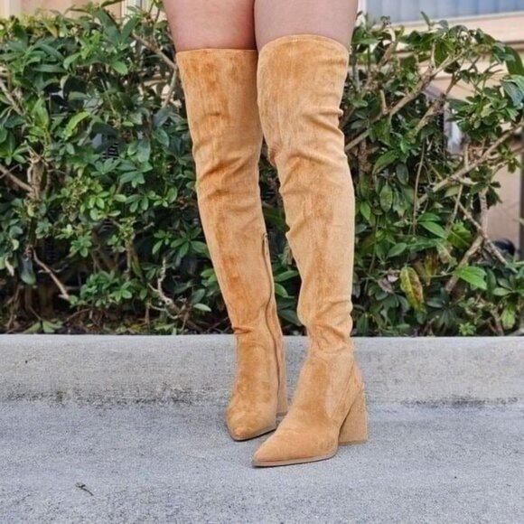 Women's Tan Over The Knee pointed Chunky Block Heel Boots - Picture 4 of 6